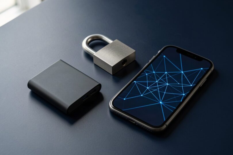 Portefeuille matériel et cadenas illustrant l’achat sécurisé d’Ethereum